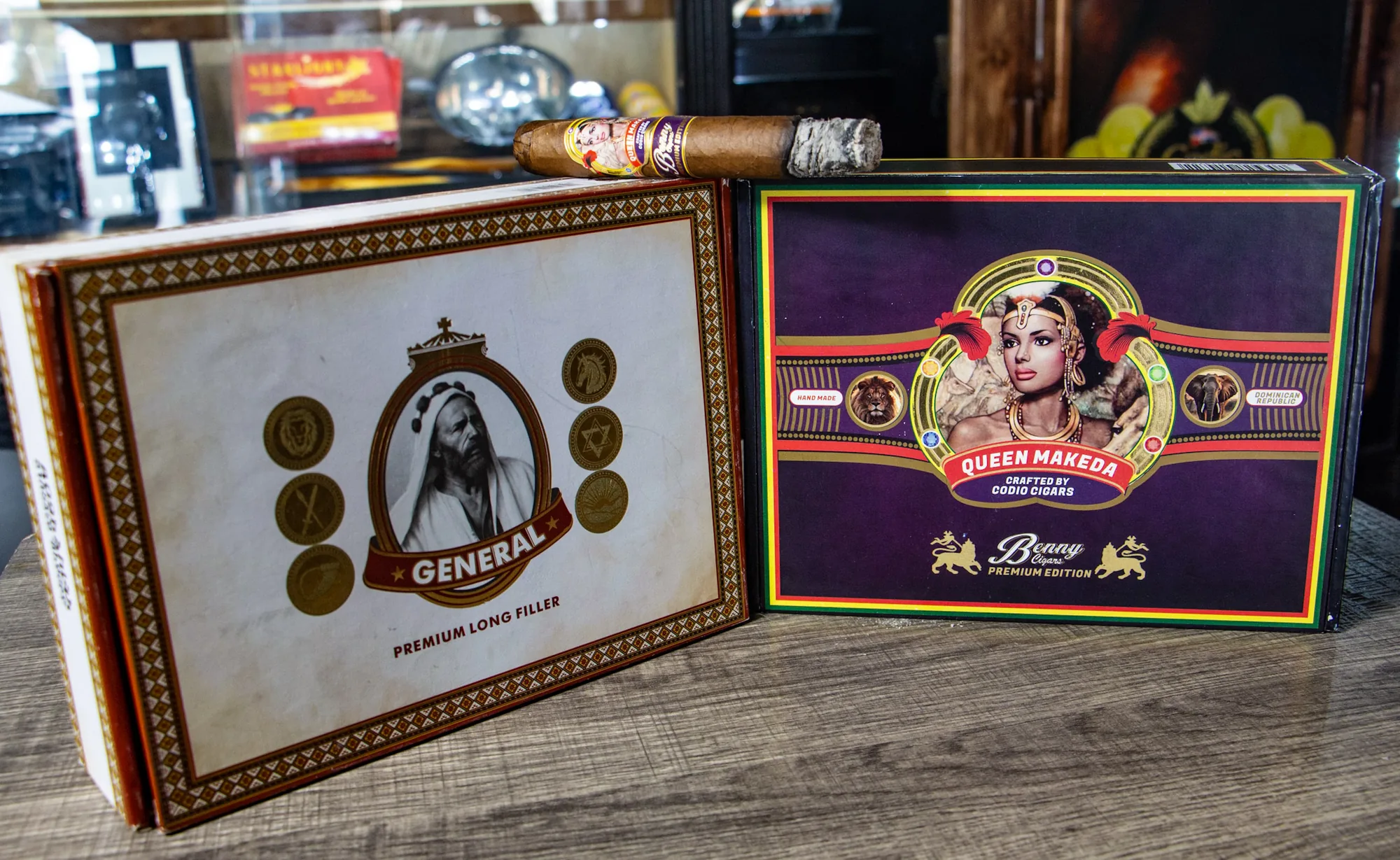 Benny Cigars boxes on a shelf