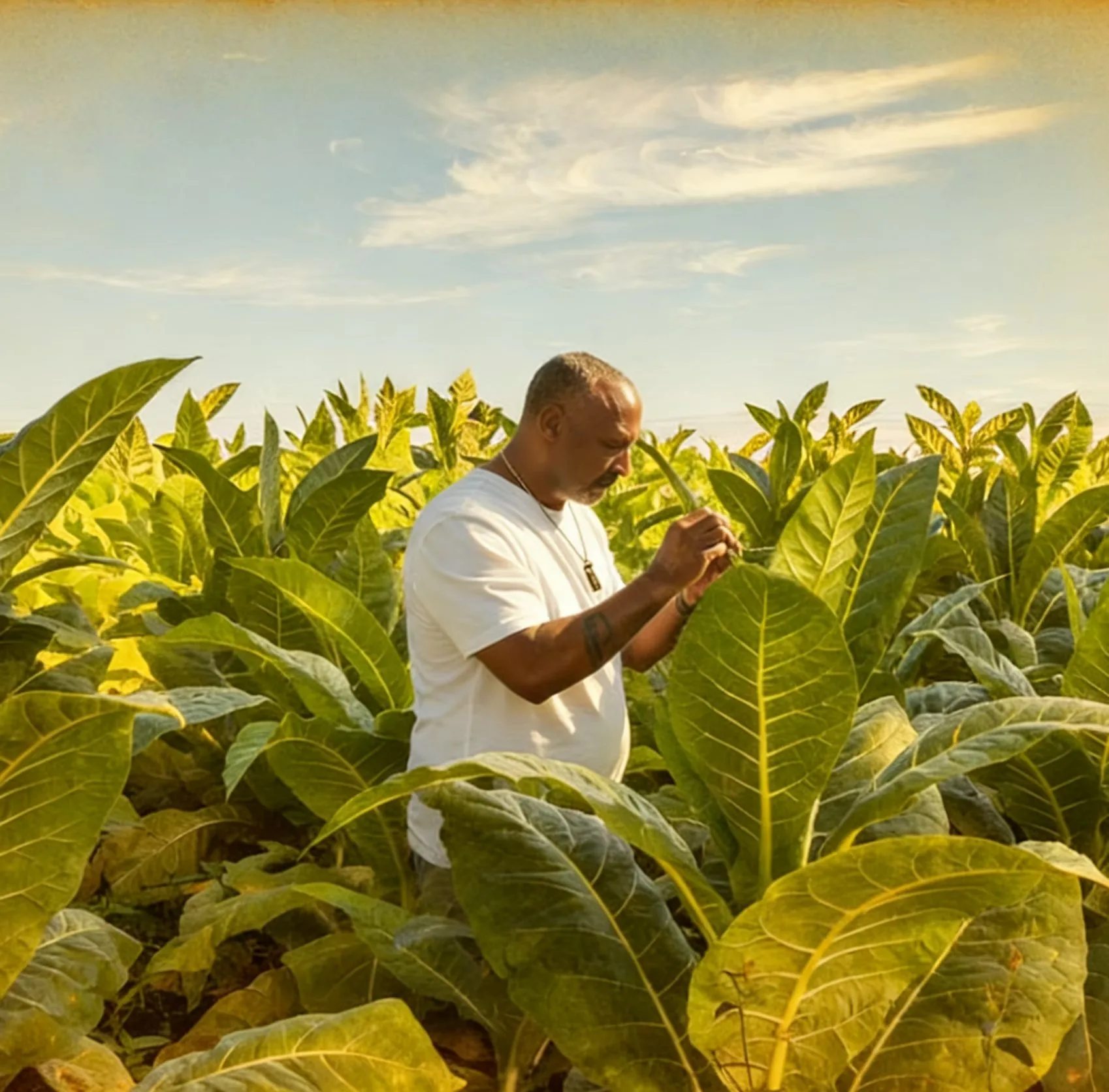 Benny checking tobacco leaves in a New Jersey field